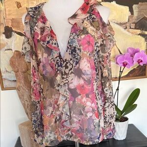 NWT Floral Ruffle Long-Sleeve Sheer Blouse - Pink Multi